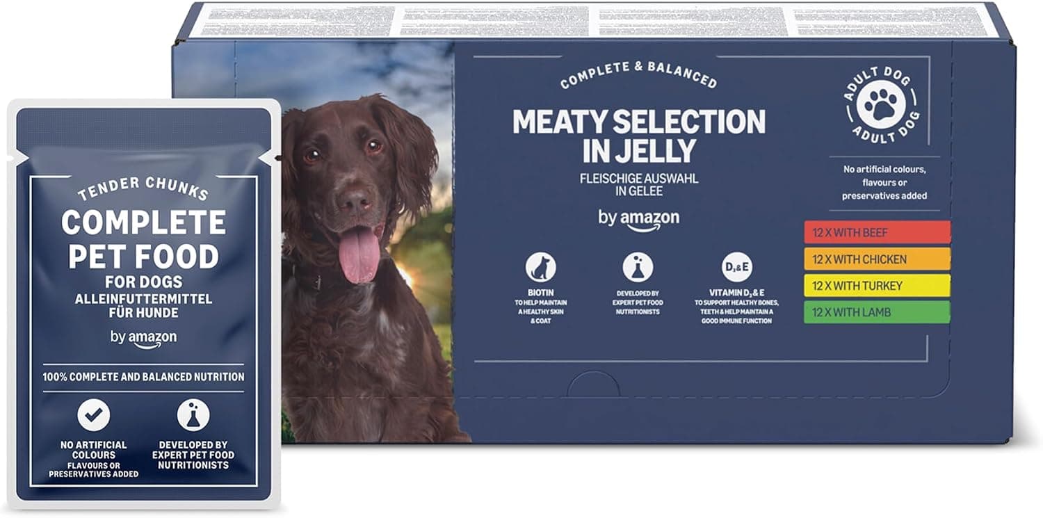 by Amazon Alimento Completo para Perros Adultos - Selección de Carne en gelatina, 4,8 kg (48 Paquetes de 100g)