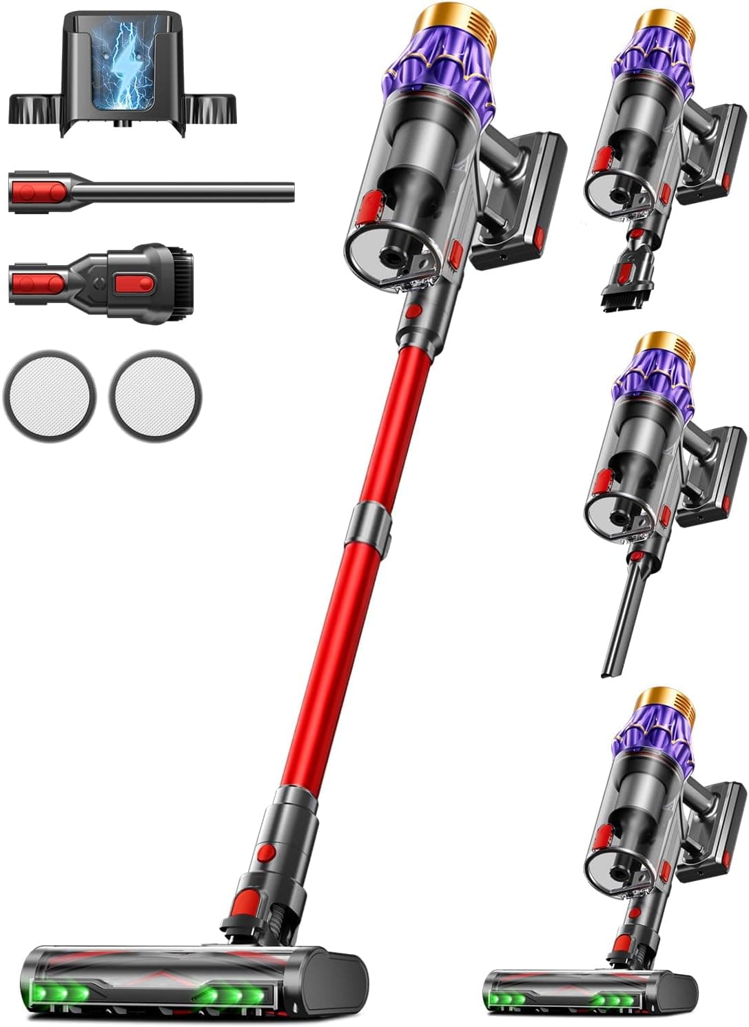 Aspiradora sin Cable 60Kpa/650W/70Mins, Escoba Aspiradora de 1.8L, Sistema de Filtración de 8 Etapas,Autoportante, Adecuada para Pelo de Mascotas, Luz Verde Alfombras y Suelos de Madera