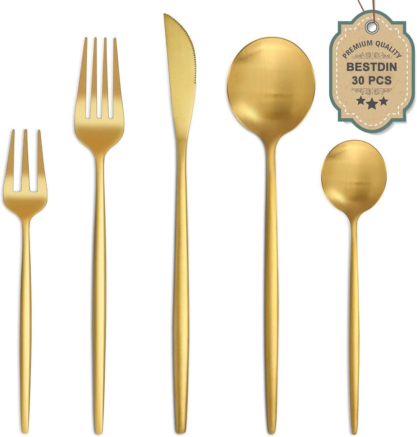 Bestdin Juego de cubiertos para 6 personas, 30 piezas de acero inoxidable oro mate
