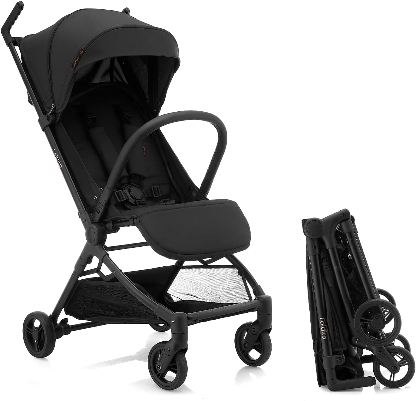 Gromast Cochecito de viaje para avión, ultra compacto y ligero, solo 10 libras, cochecito portátil para bebé, con toldo UPF 50+ y portavasos, color negro