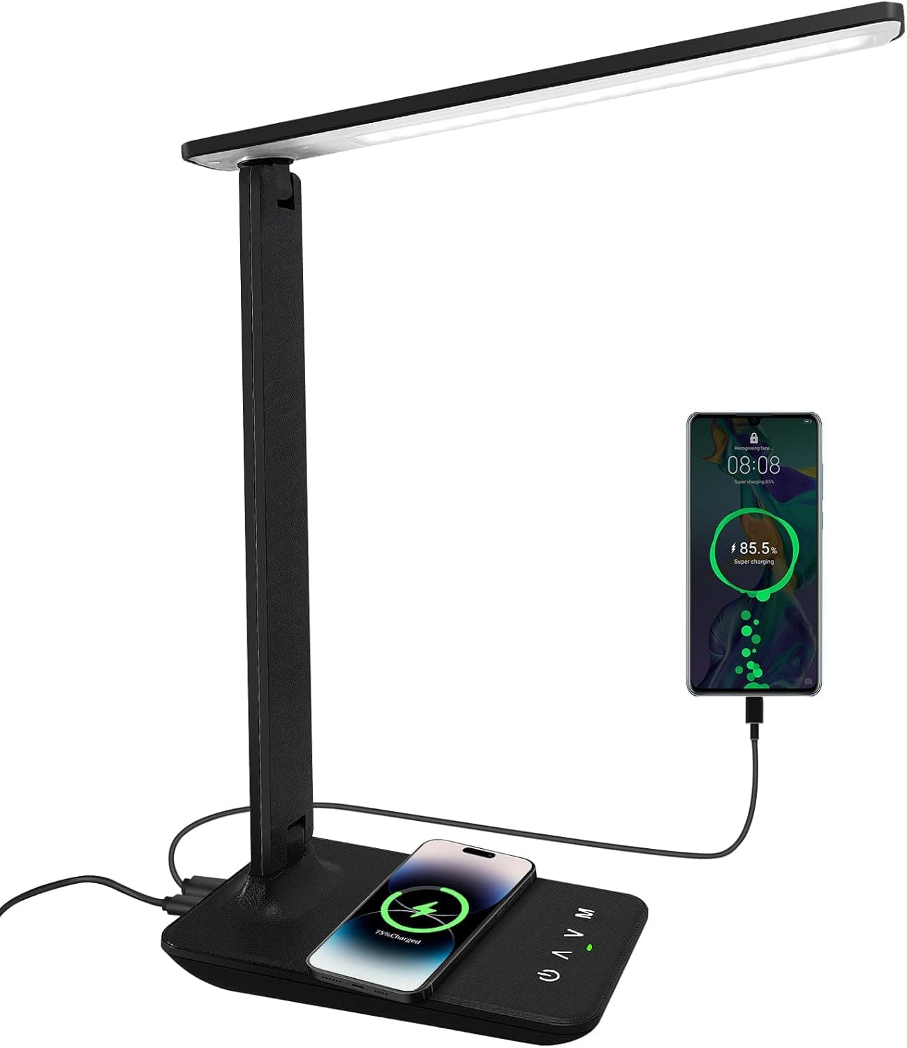 lámpara de escritorio LED con QI carga inalámbrica, Flexo de Escritorio con luz nocturna, lampara de escritorio con control táctil, Puerto de carga USB, 5 niveles de luminosidad 5 modos