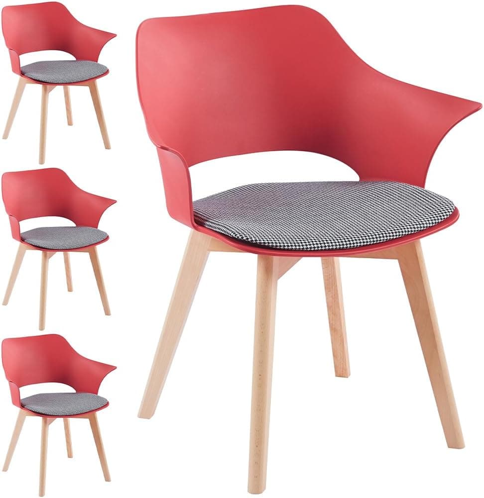 Shally Dogan Juego de 4 sillas para comedor con patas de madera y asiento con suave acolchado y trama a cuadros, silla de diseño nórdico, ideal para dormitorio, cocina y oficina (color rojo)