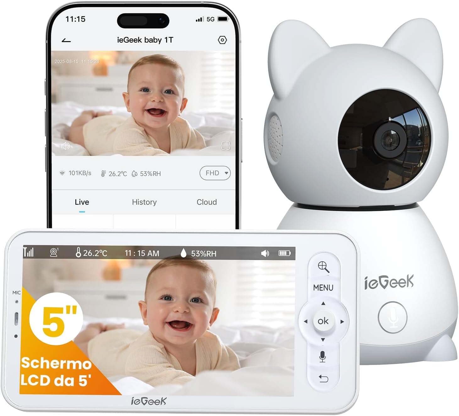 ieGeek Cámara Vigilancia Bebes 5" 2K/3MP, Baby Monitor con Vista 360° PTZ, Detección Movimiento y Llanto, Audio Bidireccional, Visión Nocturna, Temperatura, Regalo Recién Nacidos