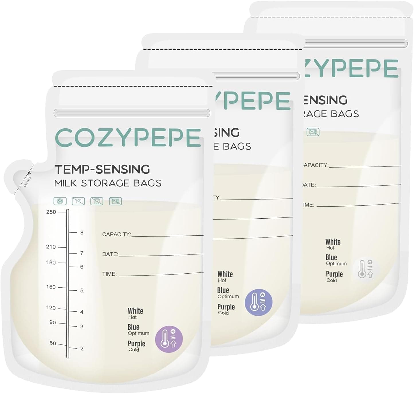 Bolsas de Almacenamiento para Leche Materna de 50 Piezas, Bolsas para Congelar Leche Materna de 8oz con Boquilla para Verter, Bolsa de Leche Materna con Cambio de Color por Sensibilidad a la Temperat