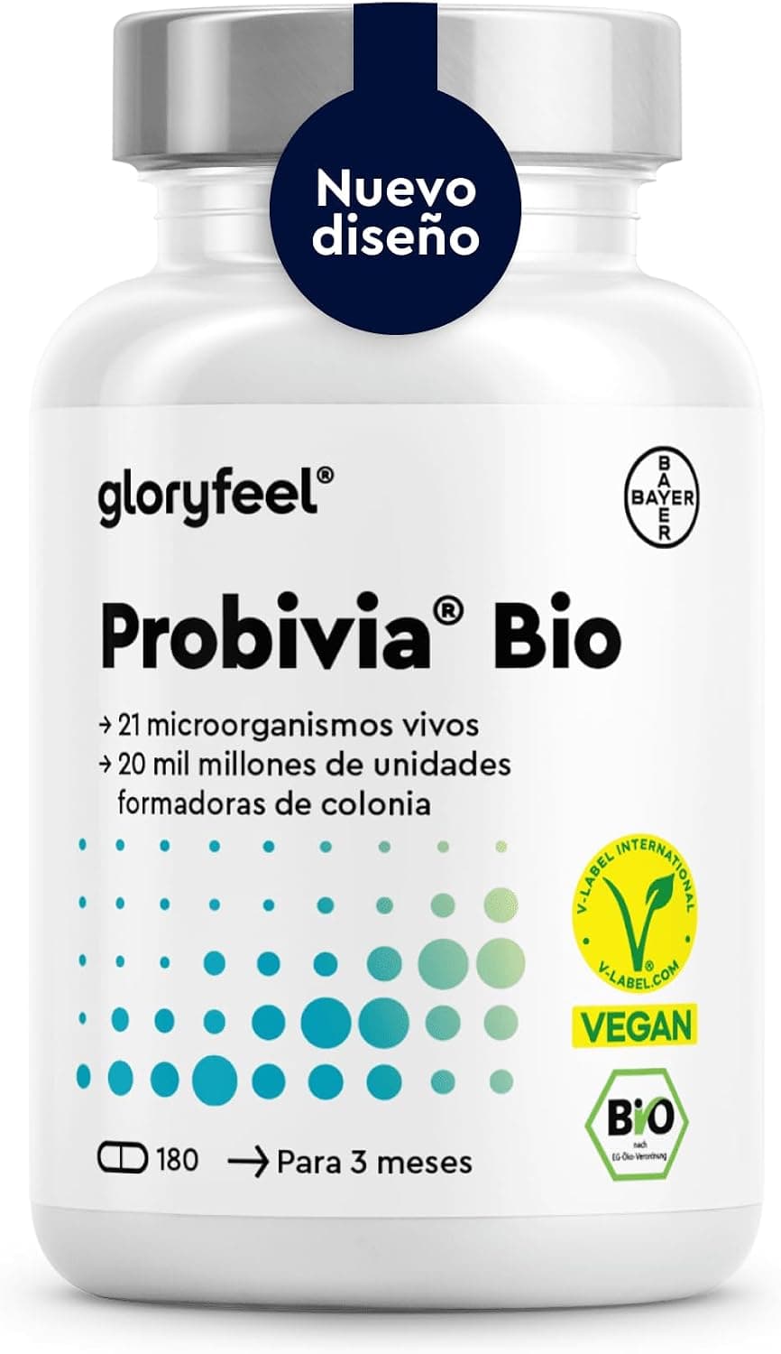 Bio Probióticos y Prebióticos Intestinales - 180 Cápsulas - 20 mil millones de UFC, 21 cepas bacterianas + Inulina orgánica - Lactobacillus y Bifidobacterium