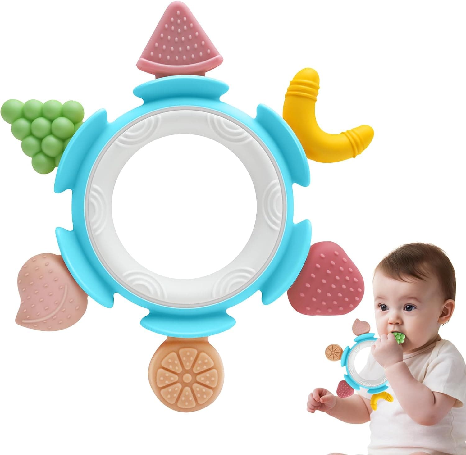 Fruta Mordedor Chupete Regalo Ideal Cosas Tous Bebés Juguete 0 3 6 9 Meses Dentición, Juguetes Sensoriales Silicona Educativo Dientes Masticar, Recién Nacido Niño Niña Navidad Cumpleaños Regalo, Azul