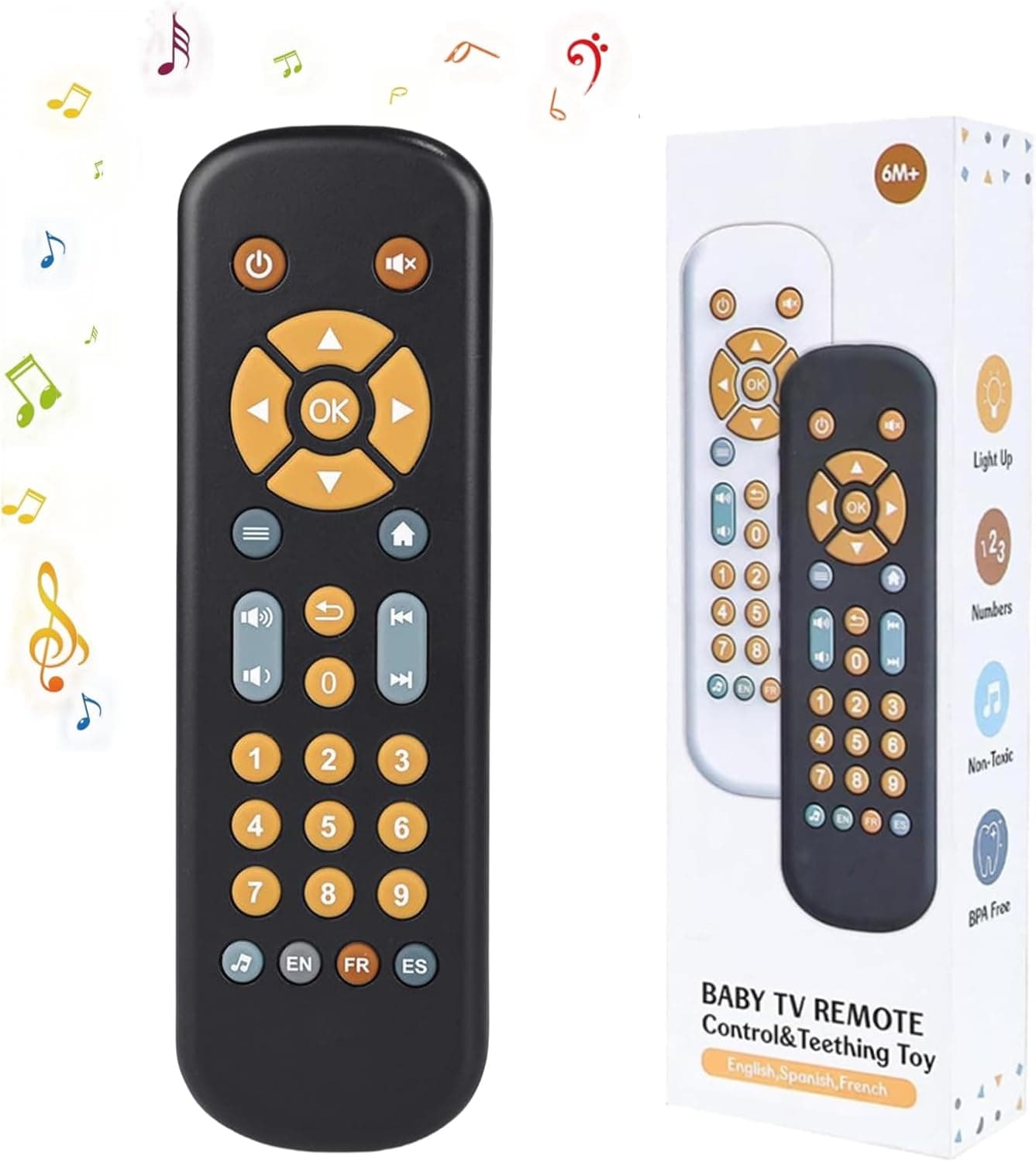 Juguetes Musical Bebes 6-12 Meses, 3 Idiomas Juguetes Mando TV Niños 1 Año con Español/Inglés/Francés, Juguete Aprender Hablar Niñas Niños, Regalo Bebe Canciones Sonidos Luces(Negro)