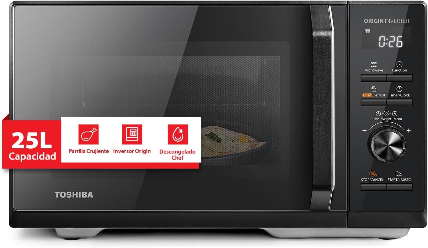 TOSHIBA Microondas Digital con Grill 25L, 900W Inverter, 10 Niveles Potencia, Control Preciso, Calentamiento Uniforme, Negro Elegante MW3-AG25PFI(BK)