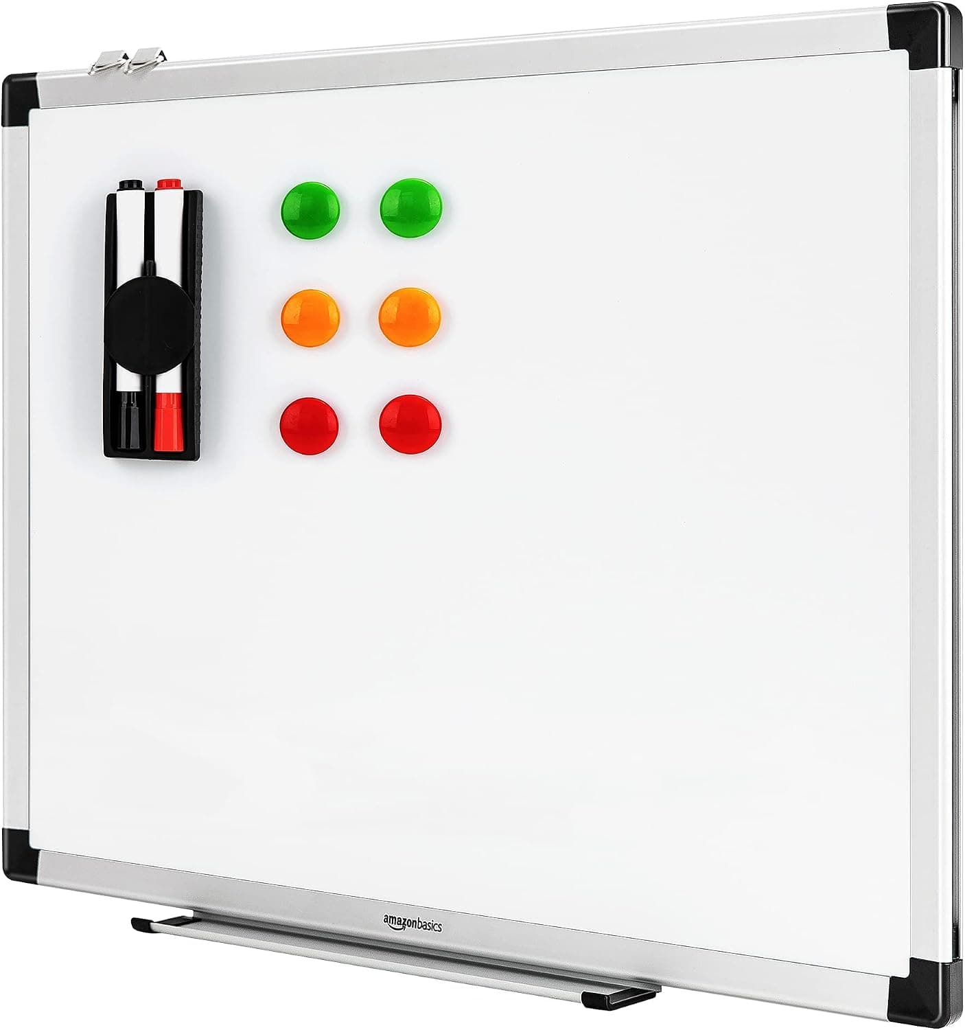 Amazon Basics Pizarra Blanca Magnética con Marco de Aluminio, Bandeja para Rotuladores, 6 Imanes, 1 Borrador y 2 Rotuladores para Uso en Oficina y Hogar, Montaje en Pared, Borrado en Seco, 60 x 45cm