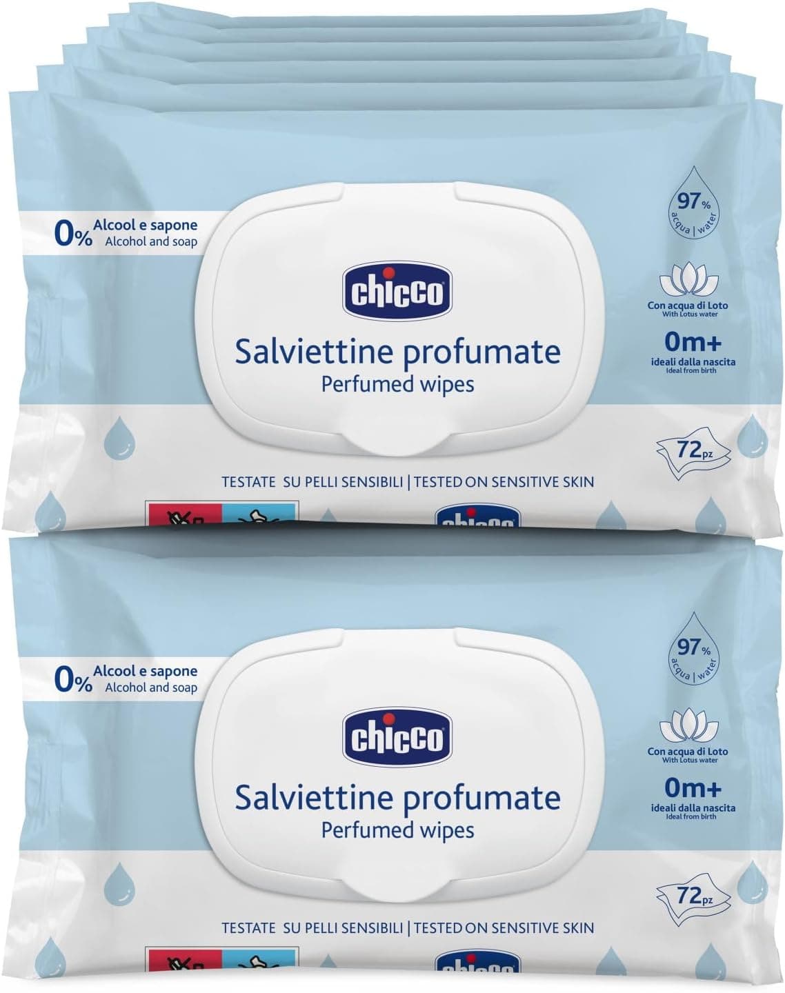 Chicco Toallitas Multiuso Para Bebés Con Clip - Sin Alcohol, Perfumadas, Adecuadas Para Pieles Sensibles - Megapack de 864 Unidades, 12 Paquetes de 72 Cada Uno