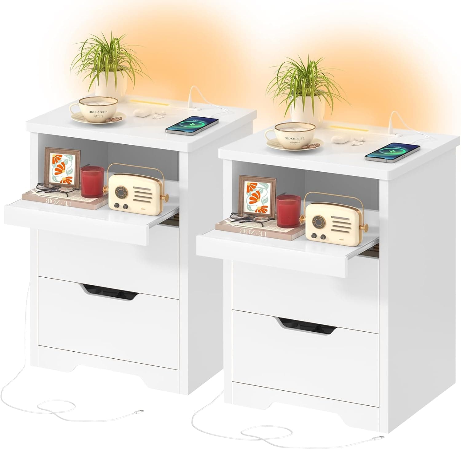 TEENFON Set de 2 Mesitas de Noche con Luces LED 3 Colores y Carga Rápida USB/Type-C – Mesilla de Noche Moderna con Bandeja Deslizante y 2 Cajones, Ideal para Dormitorio y Salón, Blanco