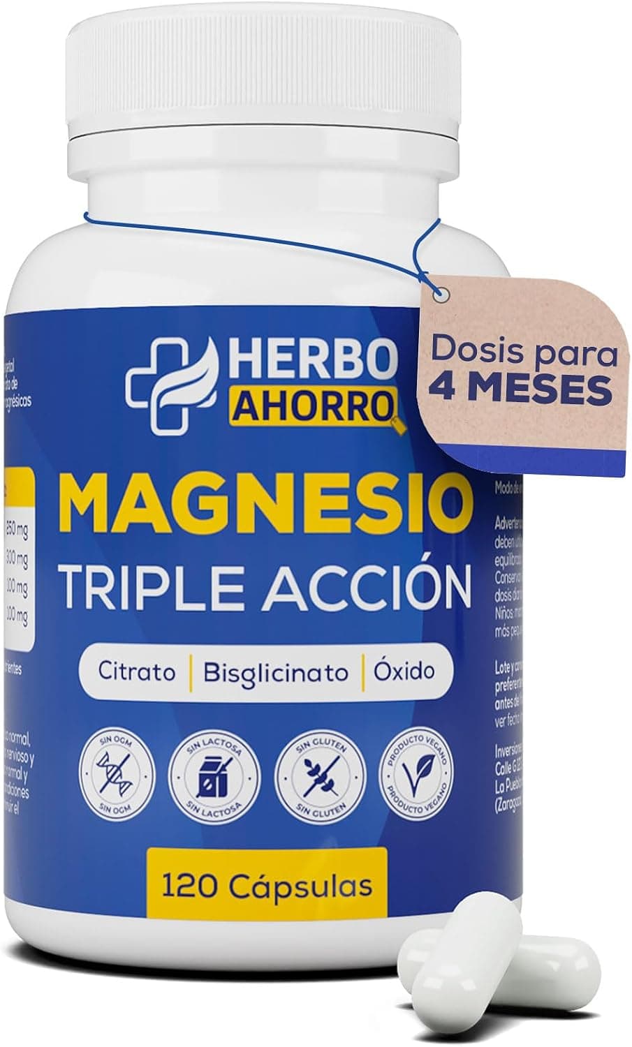 Magnesio Complex - Citrato, Bisglicinato y Óxido de Magnesio Triple - Alta Absorción - Reduce Cansancio y Fatiga, Alivia Dolor Articulaciones y Músculos – Favorece la Síntesis de Colágeno 120 cápsulas