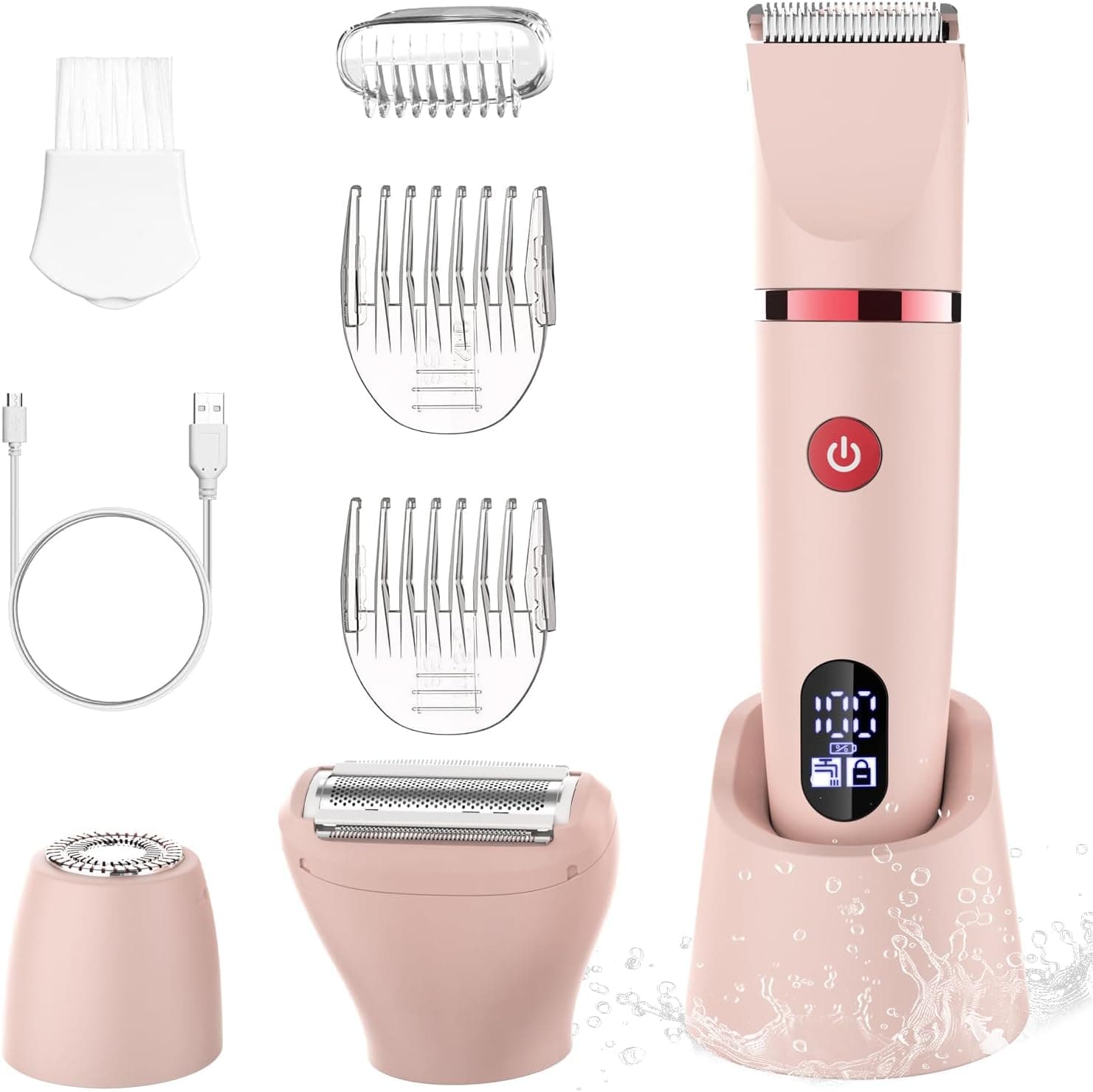 Scttomon afeitadora eléctrica para mujer cortapelos corporal para mujer recortadora para zona bikini Afeitado de piernas impermeable pantalla LCD seco/mojado 3 in 1 rosa