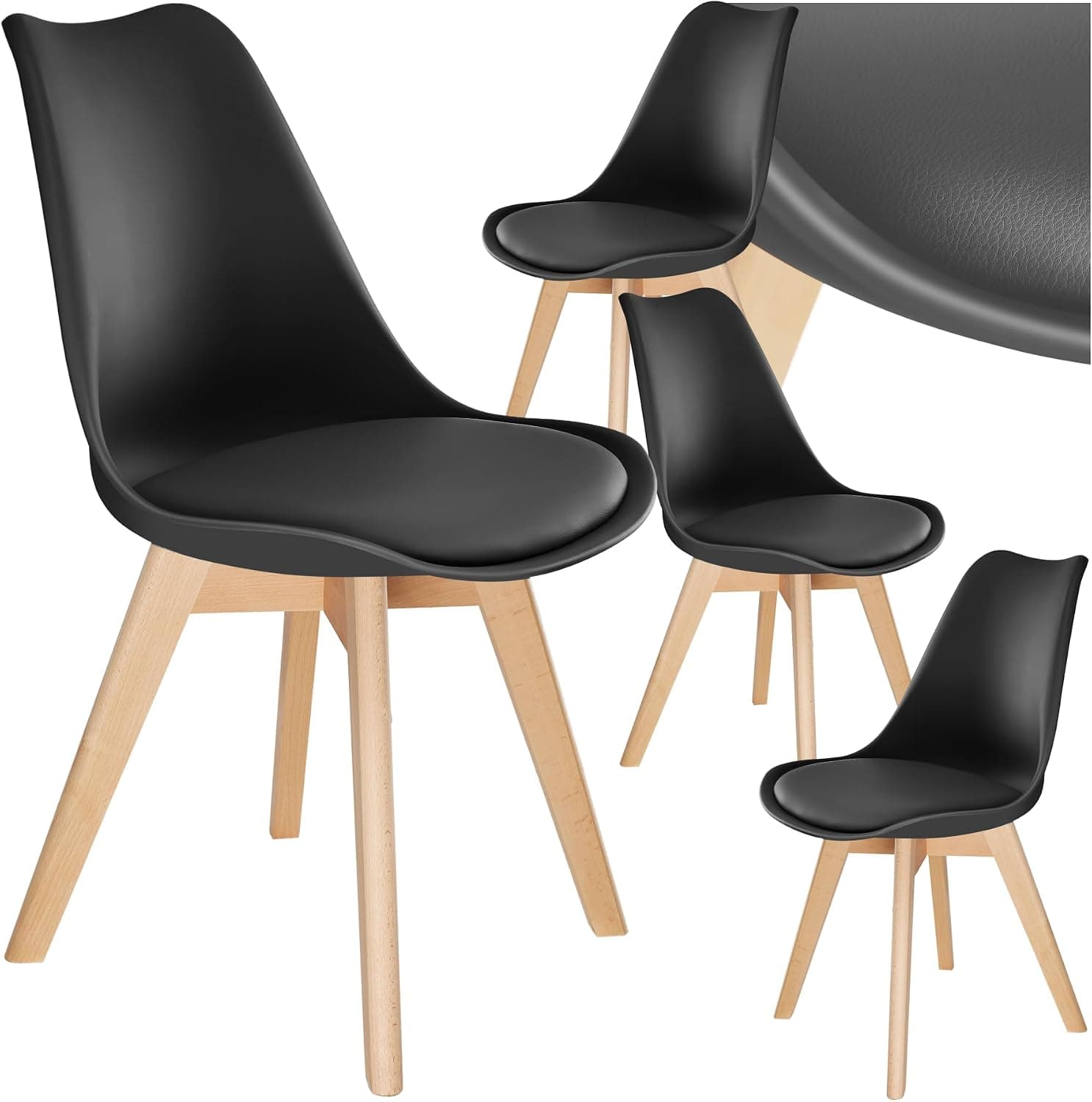 tectake® Sillas de Comedor, Muebles Comedor con Diseño Nórdico, Conjunto Sillas Cocina, Asiento Acolchado Silla Ergonómica, Mueble Cocina Moderno - Set de 4 Negro