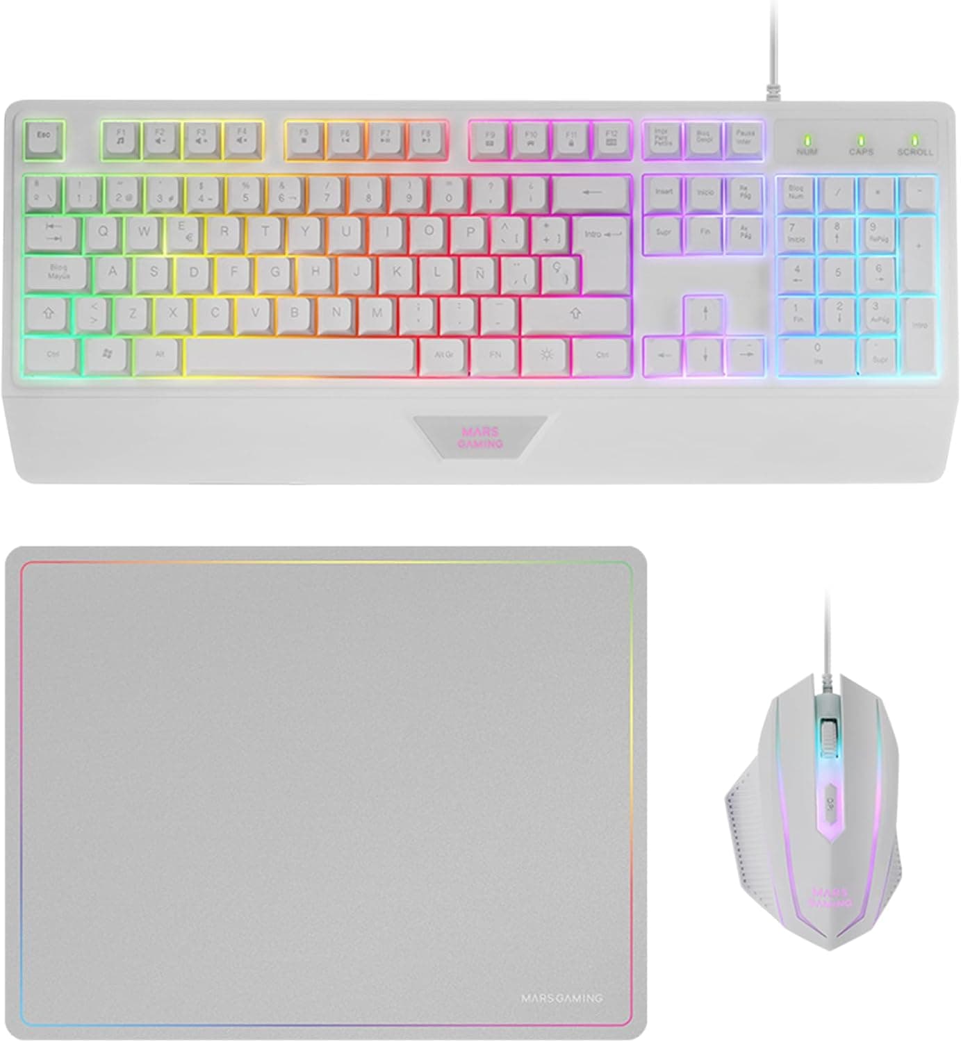 Mars Gaming MCP124, Layout Francés, Combo Gaming 3en1, Teclado Ergonómico H-Mech LED RGB, Ratón RGB 3200DPI Switches HUANO, Alfombrilla Nanotextil 360x260mm, Compatibilidad Multiplataforma, Blanco