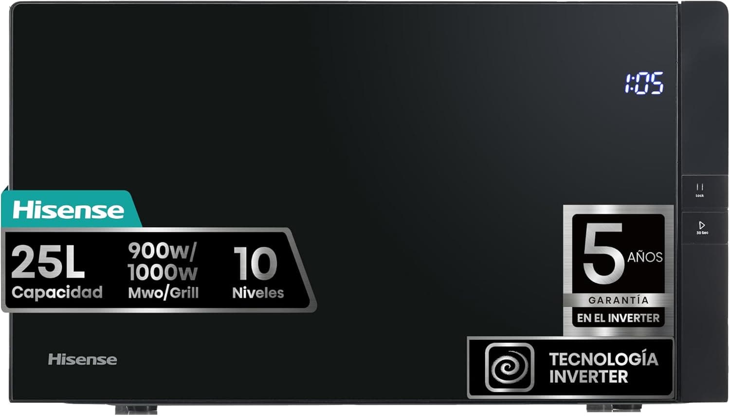 Hisense H25MOBS4HGI - Microondas Digital con Grill 25 Litros, 1000W, Inverter Expert, Descongelación Rápida, Calentamiento Uniforme, Silencioso, Revestimiento Cerámico, Cristal Premium, Modo ECO