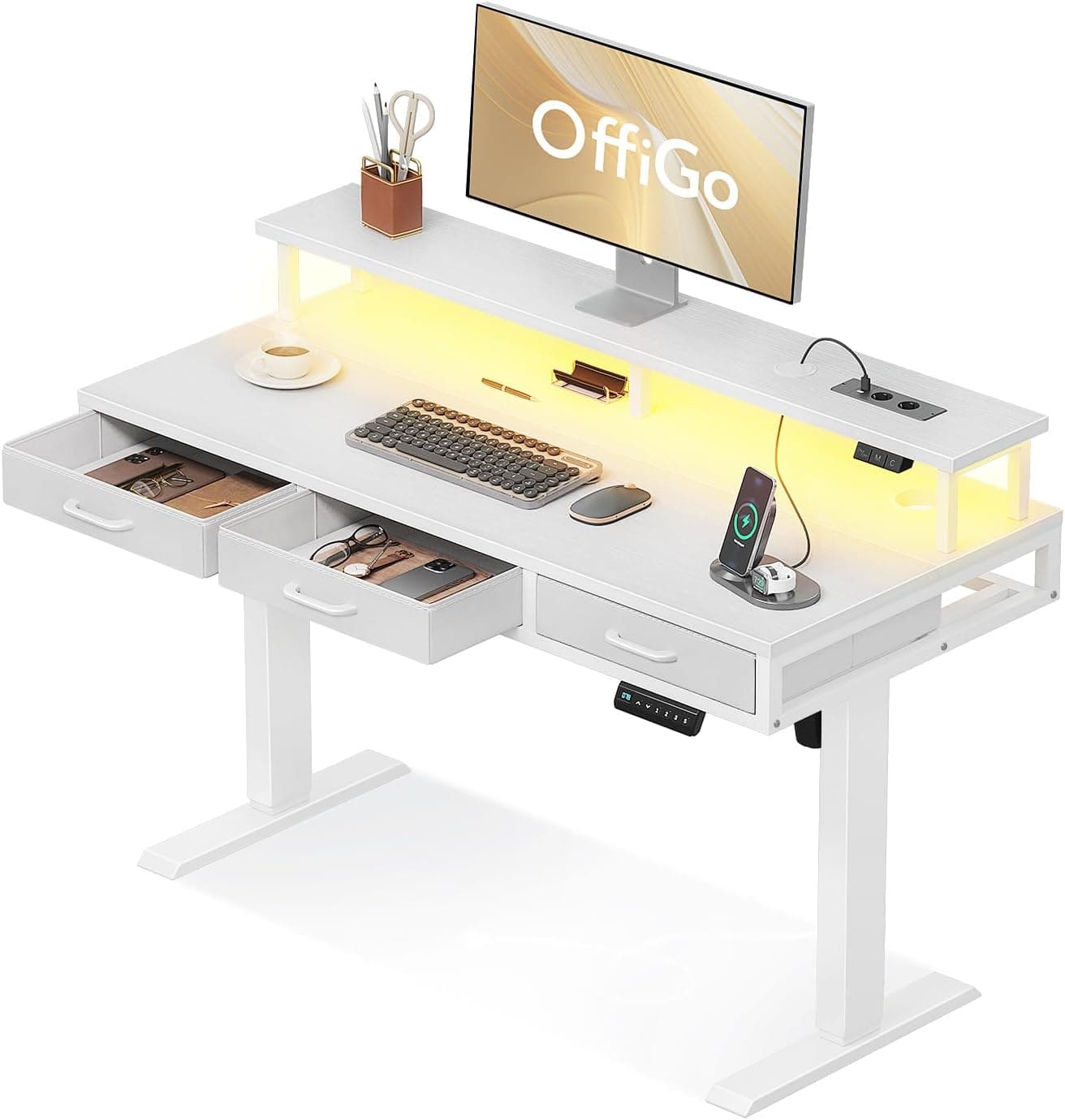 OffiGo Mesa Elevable Escritorio con Cajones, 120cm Mesa Escritorio, Blanco