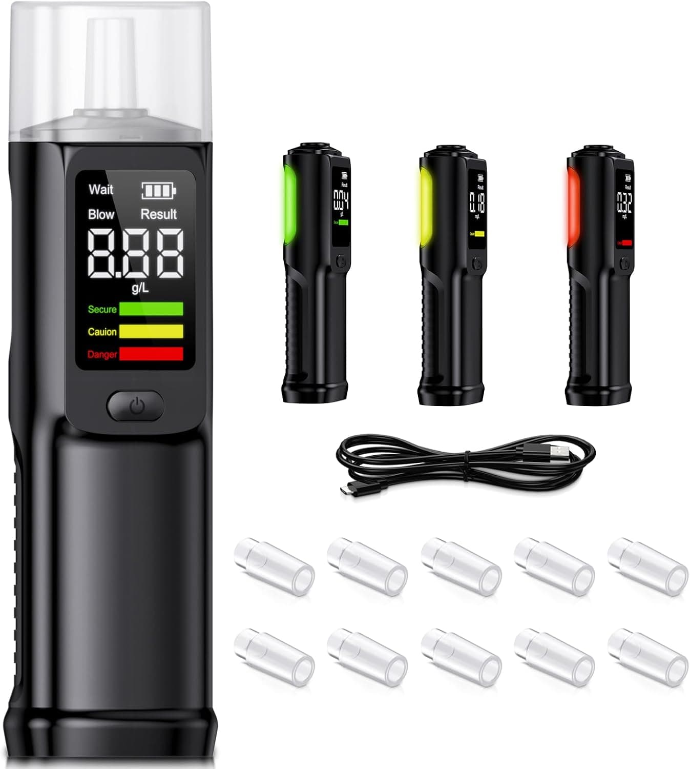 Alcoholimetro Homologado Test Alcoholemia Portátil : Profesional Alcoholímetro de Alta Precisión Pantalla LCD Digital - Recargable Alcohol Test Etilometro 10 Boquillas para Uso Doméstico y Profesional