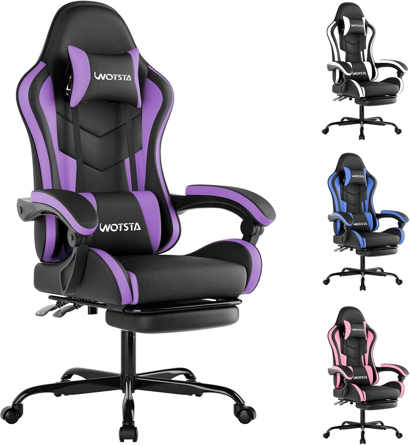 Silla de juegos con reposapiés, silla ergonómica para juegos, silla de computadora con soporte lumbar, reposacabezas, sillas de PC ajustables en altura con asiento giratorio 360° para oficina o juegos