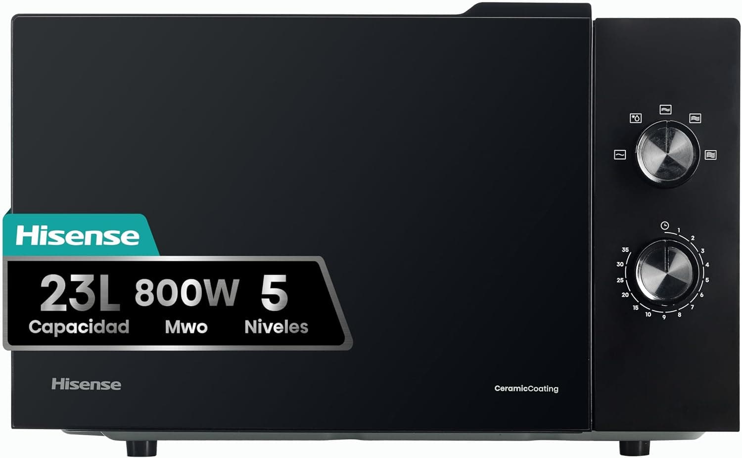 Hisense H23MOBP2H4 - Microondas 23 litros, 800W de potencia, mandos mecánicos giratorios, apertura Smart Tab, fácil limpieza con revestimiento interior cerámico, color Negro