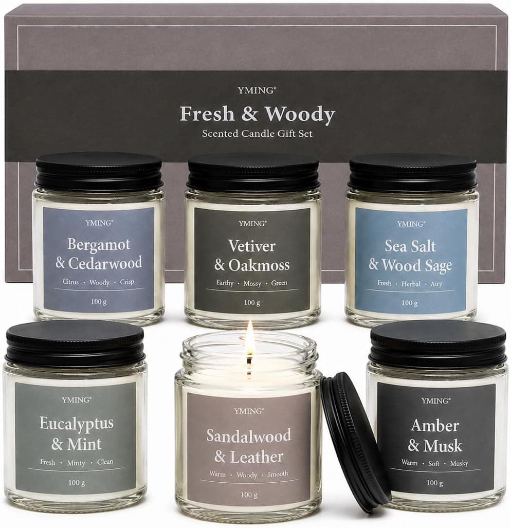 Set regalo de 6 velas aromáticas, 6 × 100 g de mezcla de cera de soja, aromas frescos y amaderados, regalo para hombre y mujer