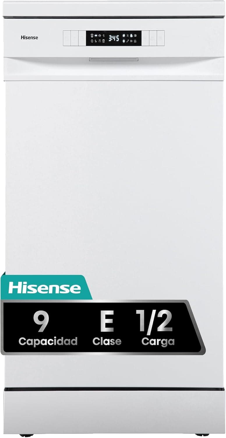 Hisense HS522E10W - Lavavajillas 45Cm, Libre Instalación, Clase E, CAPACIDAD 9, 1/2 Media Carga (Manual), Inicio Diferido, Lavado Rápido 30', Programa Eco, Integrable, Blanco