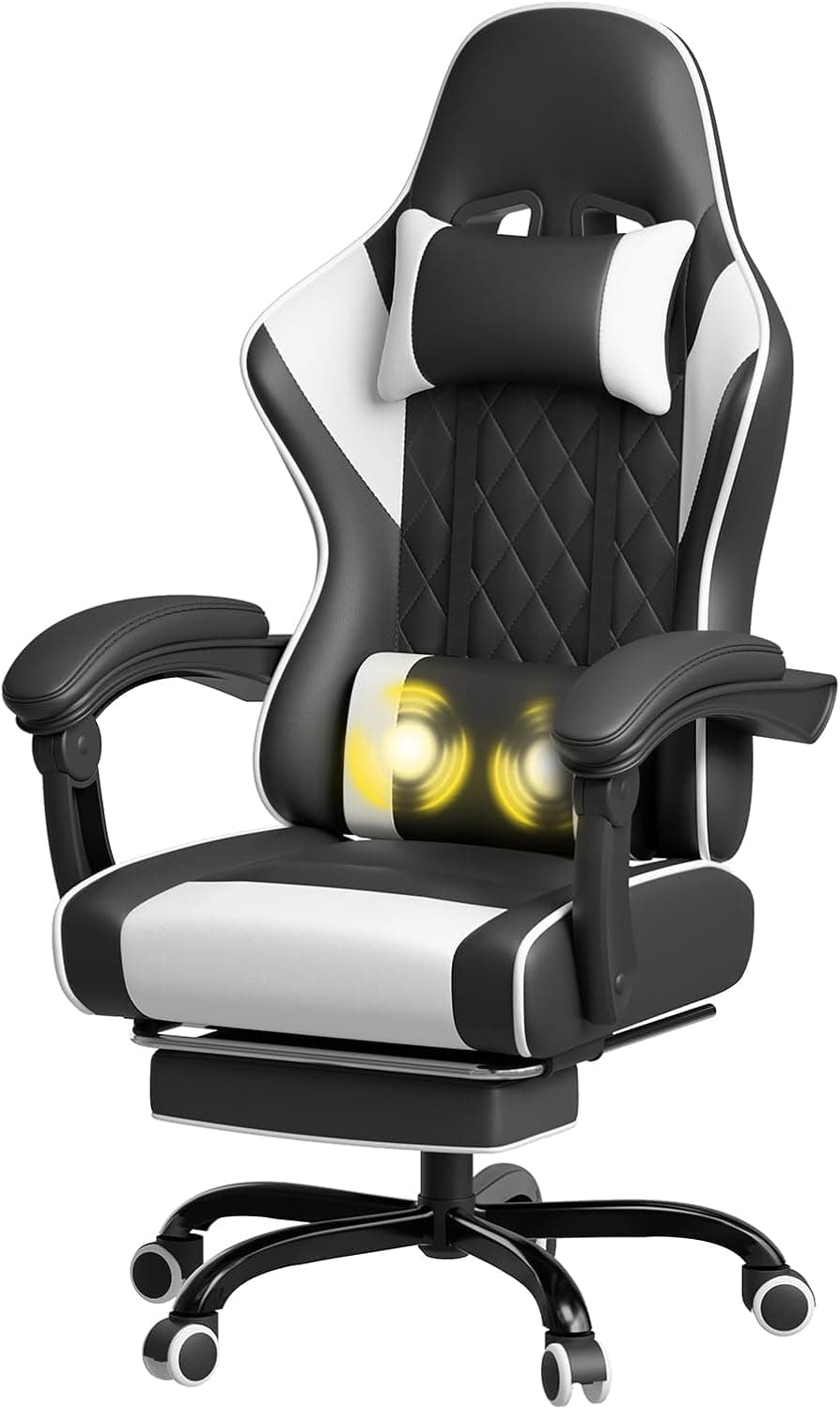 JUMMICO Silla Gaming con Masaje, Butaca Reclinable Ergonómica con Reposapiés y Reposacabezas, Silla de Ordenador y Silla de Trabajo, Soporta 150 kg, Cómoda y Elegante,Blanco