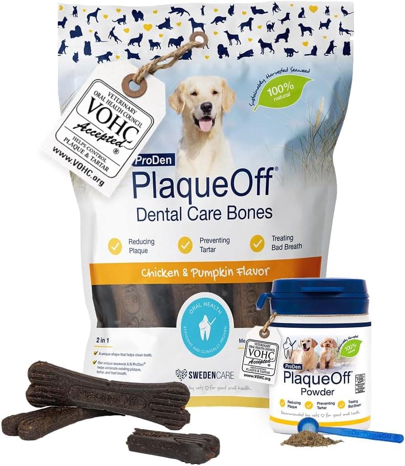 ProDen PlaqueOff Pack Polvo 60g y 13 Huesos para Perros Pollo y Calabaza