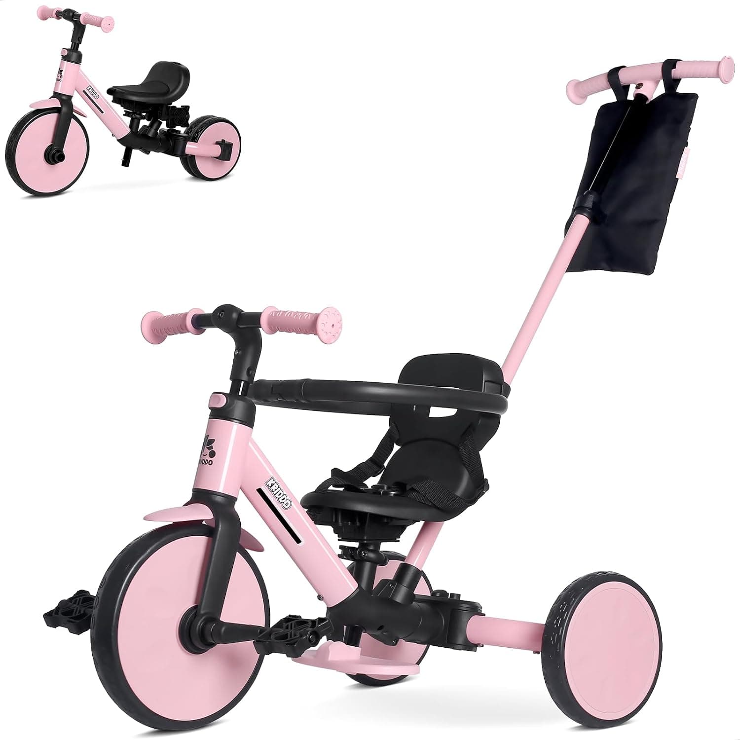 KRIDDO Triciclo Evolutivo 7 en 1 para Niños de 18 Meses a 5 Años – con Barra de Empuje, Triciclo y Bicicleta con o sin Pedales, Arnés de 3 Puntos, Bolsa de Almacenamiento, Rosa