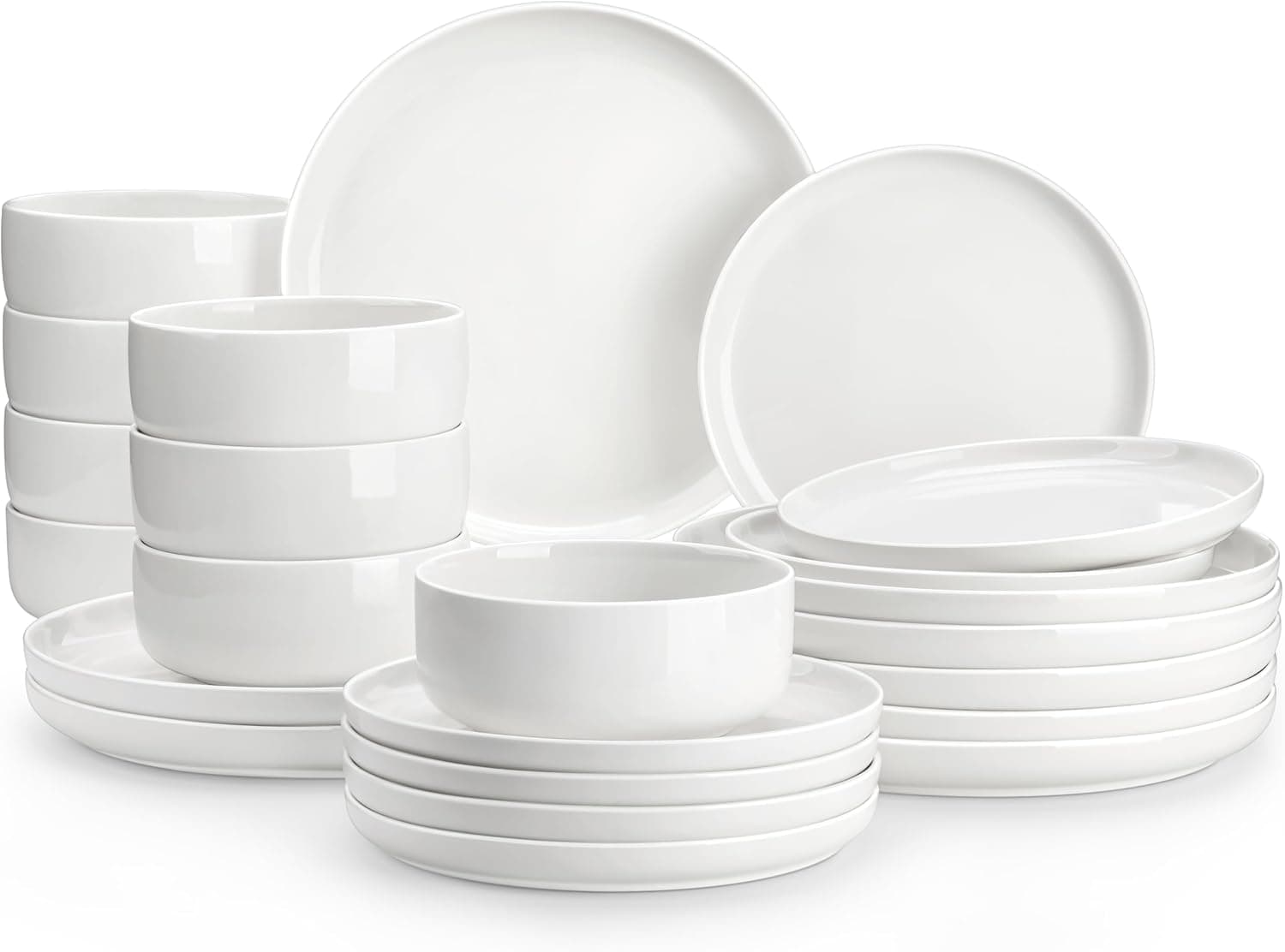 MALACASA Juego de platos y cuencos, juego de 24 piezas de vajilla de porcelana moderna para 8 personas, vajilla de cerámica blanca, juego de vajilla de cocina para cena, apto para microondas