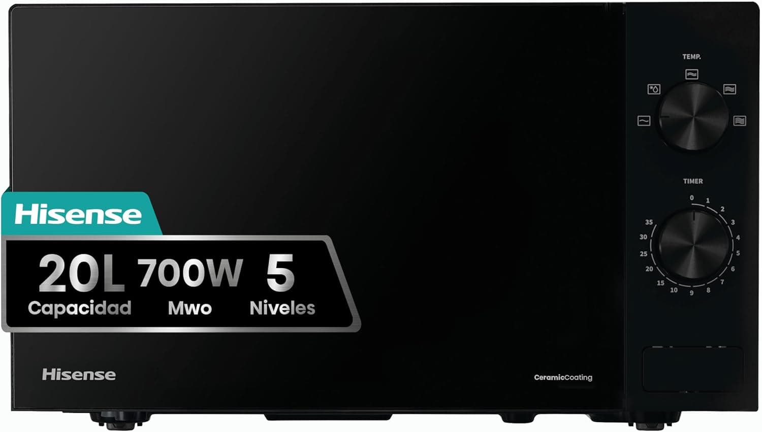 Hisense H20MOBP1, Microondas, Capacidad de 20 L, 700 W de Potencia, Temporizador 30 Min, Modo Descongelar, Tirador, Estándar, Color Negro