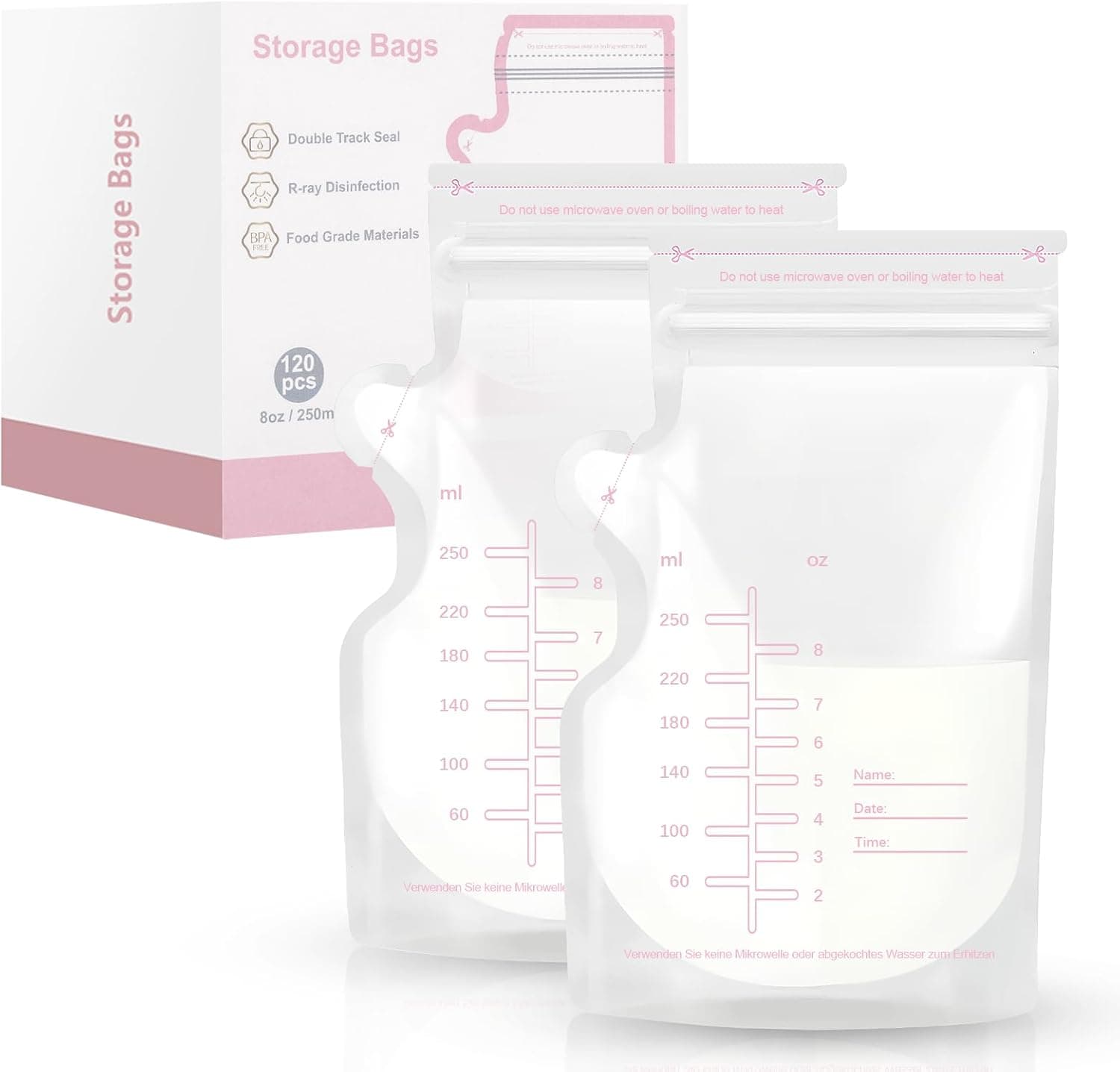 Bolsas Leche Materna de 120 Piezas, 250ml / 8oz Bolsas de Almacenamiento de Leche Desechable, Bolsas Congelar Leche Materna sin BPA Secure Double Seal a Prueba de Fugas