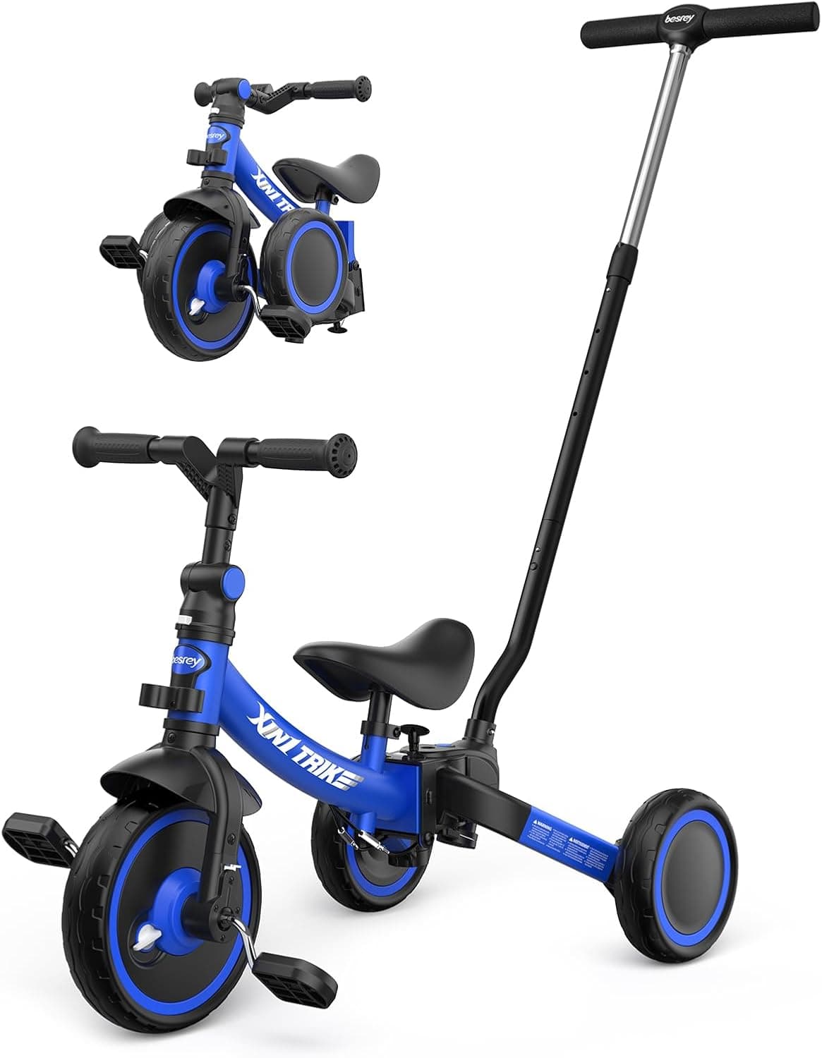 besrey 5 en 1 Triciclo para niños pequeños con manija de Empuje de dirección para 1-5 años,Triciclo,Bicicleta,Carro de Equilibrio,Caminante, Altura del Asiento Regulable,Azul
