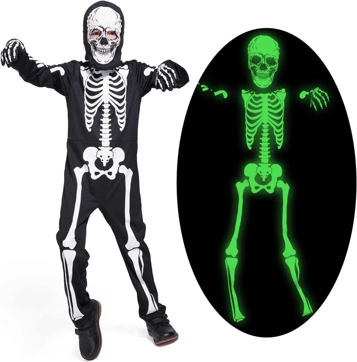 Sincere Party Disfraz de esqueleto para niños Disfraces de Halloween de esqueleto que brillan en la oscuridad para niños y niñas