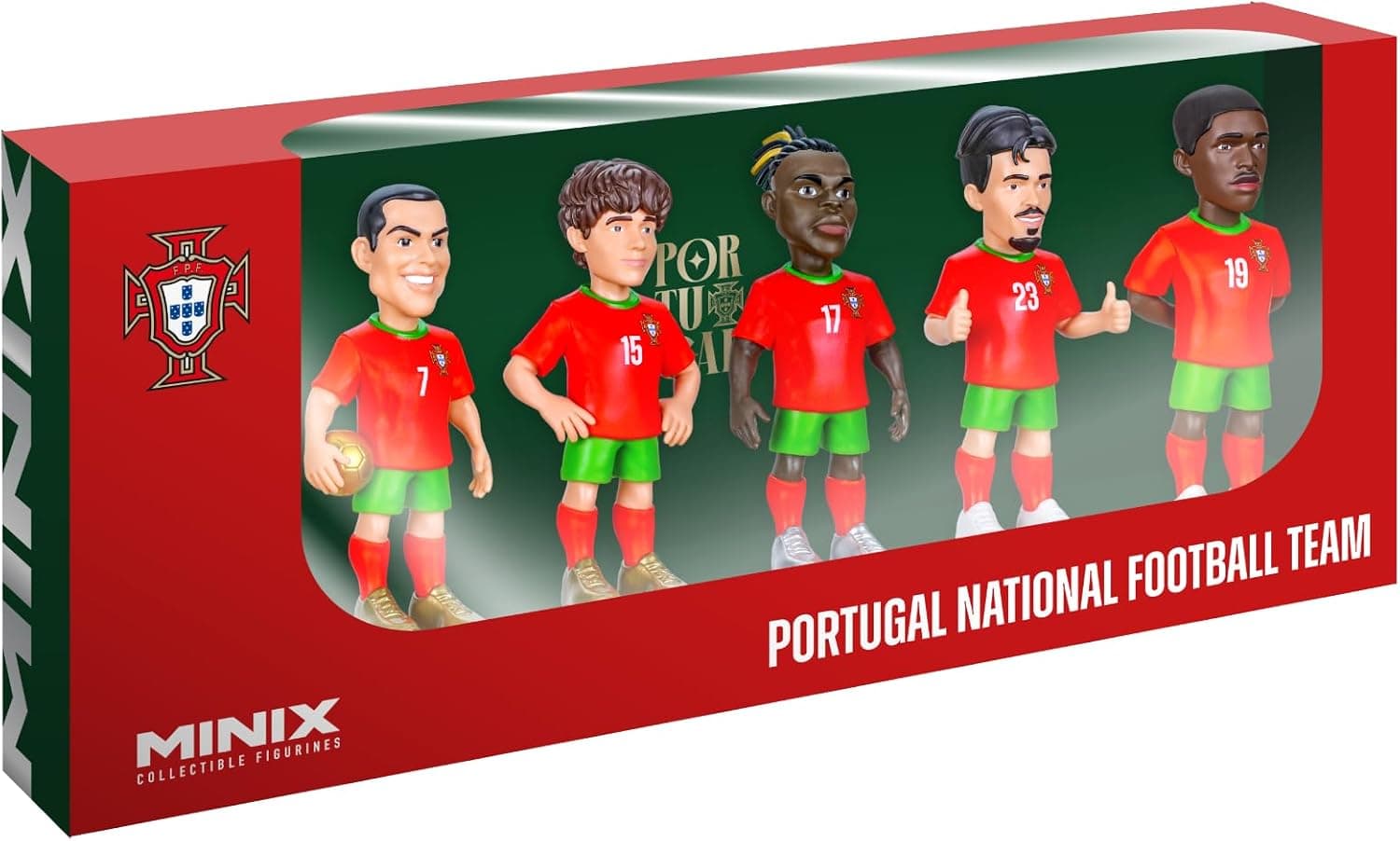 MINIX - Estrellas de fútbol - Copa del Mundo - Pack - Portugal - 5 Figuras - Figura Coleccionable de 7 cm (Ronaldo, Joao Neves, Bernardo Silva, Vitinha, Nuno Mendes)