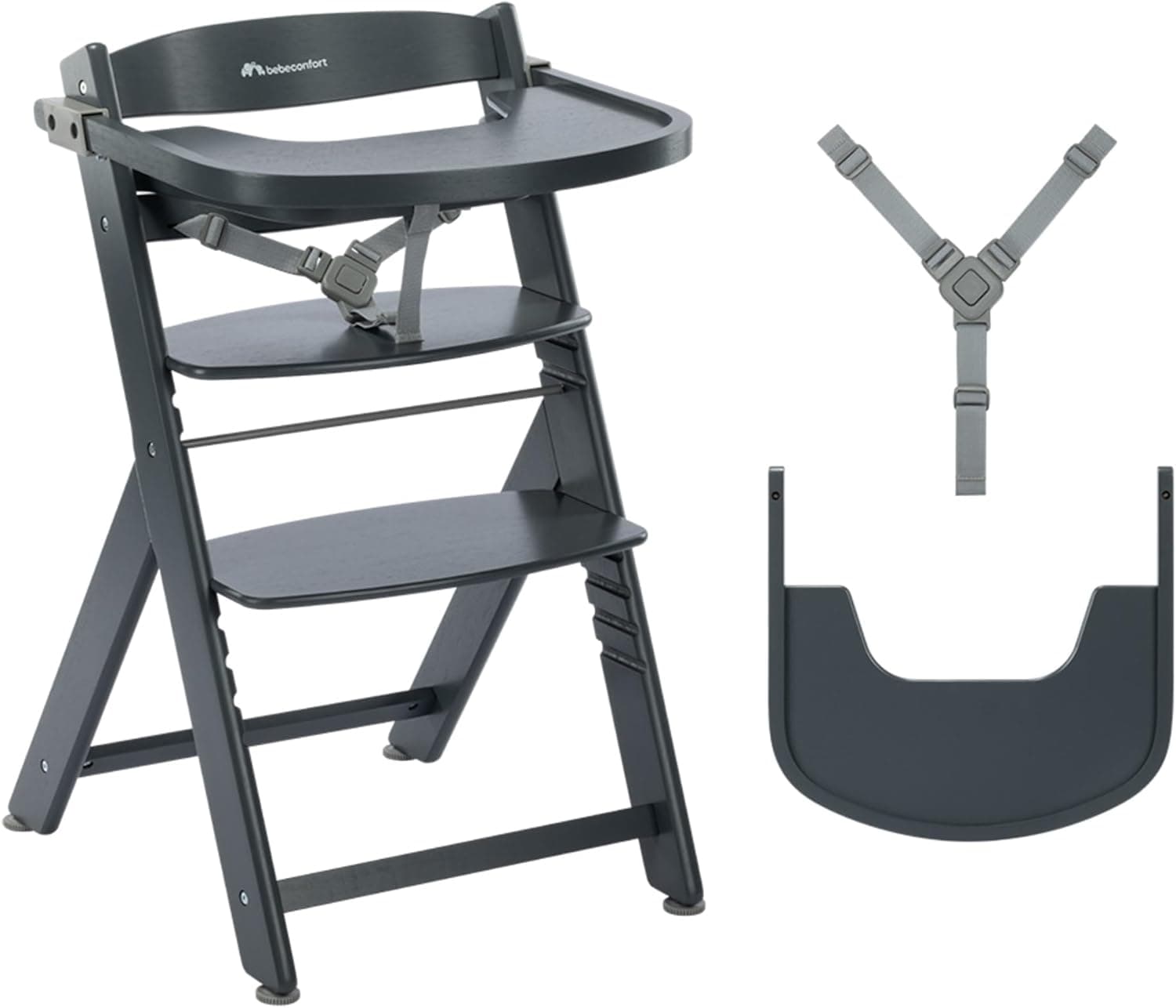 Bebeconfort Timba 2 Trona Evolutiva Bebé Madera, +6 Meses, Hasta 110 kg, Silla Trona Bebé Comedor Ergonómica, Apta para Mayoría de Mesas, Bandeja Extraíble, Asiento/Reposapiés Regulables, Warm Grey