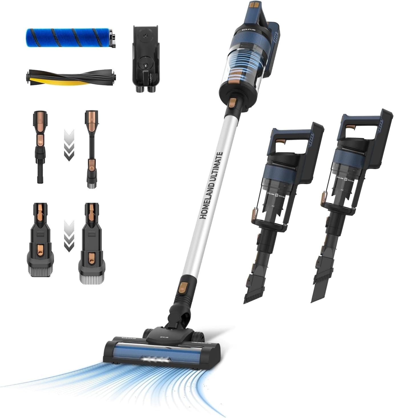 Taurus - Aspirador Escoba Homeland Ultimate 150W | 21.000Pa | Triple Advanced Filtration | Cepillos All Road y Fuzzy | Iluminación Optic LED | Batería Extraíble Litio 29.6V | Pantalla Digital