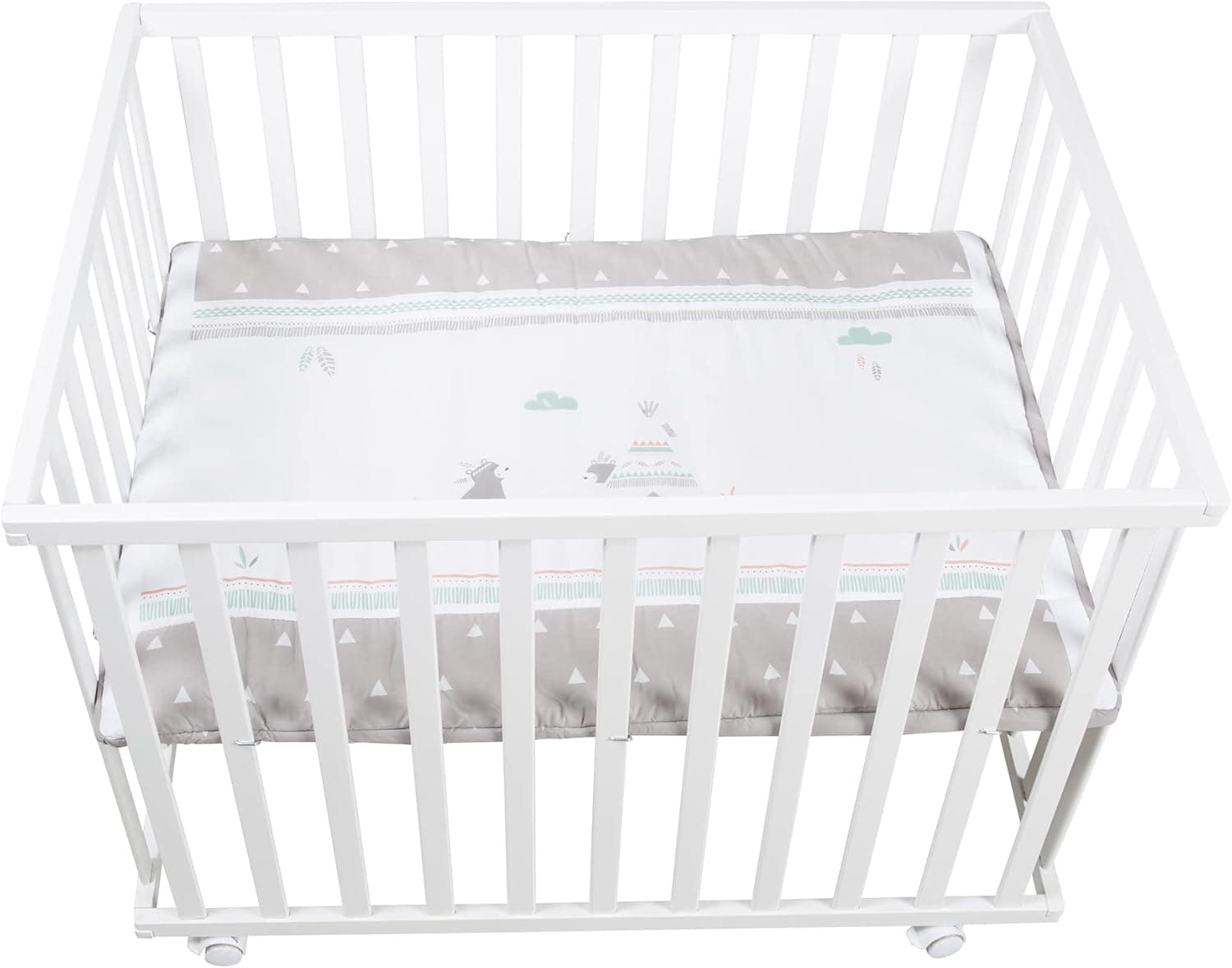 roba Parque Infantil Rectangular 75 x 100 cm Indibear + Colchoneta y Ruedas con Freno - Base Ajustable en Altura - Madera Blanca