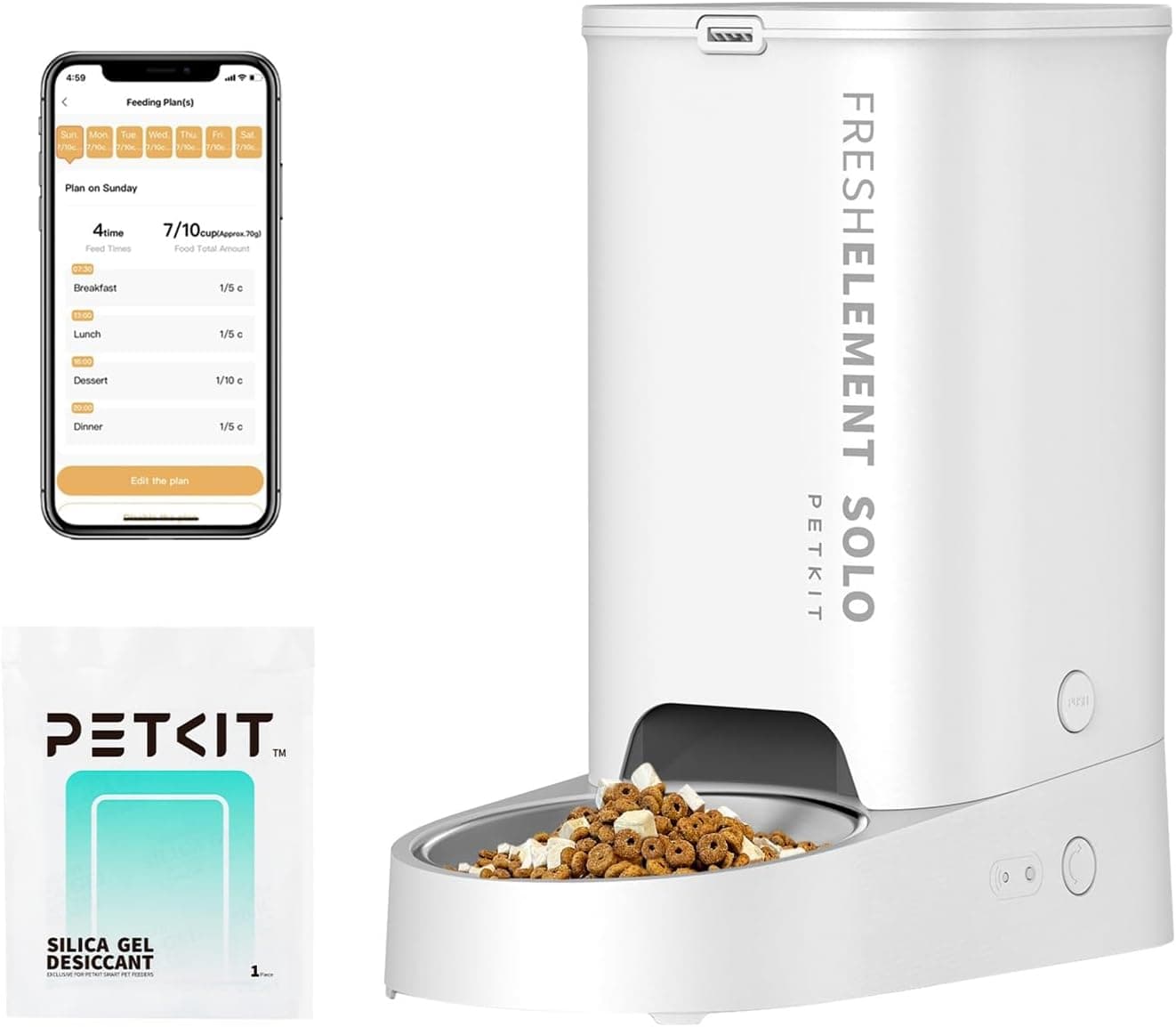 PETKIT Comedero Gato Automatico, 2.4G WiFi, 3L Dispensador Comida Gatos/Perros, Control de App, 1-10 Comidas al Día, Liofilizados Compatibles, Cubeta de Acero Inoxidable, Cable USB (Blanco Leche)