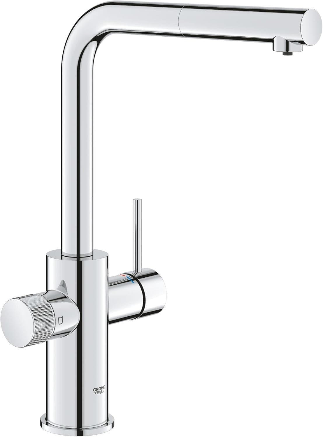 GROHE Blue Pure Minta – Grifo con filtro de 3 vías y caño extraíble (alto en L, giro 360°, mando de filtrado, cartucho cerámico 28 mm, latiguillos 3/8", requiere set de filtrado), cromo, 30590000