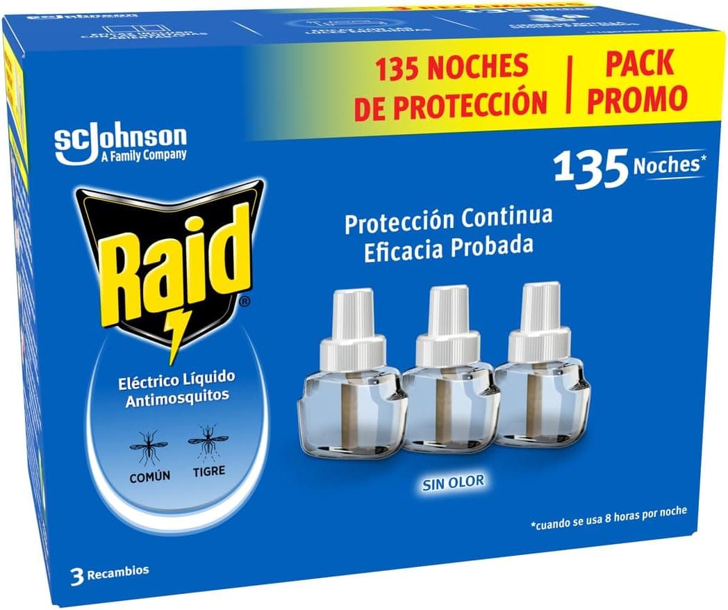 Raid Eléctrico Líquido 135 Noches - Recambios Anti Mosquitos comunes y Tigre - 3 recambios de 45 Noches 28ML
