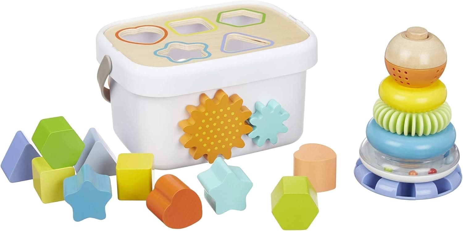 Amazon Basics Set de juguetes clásicos de madera con clasificador de formas y apilador de arcoíris, Multicolor