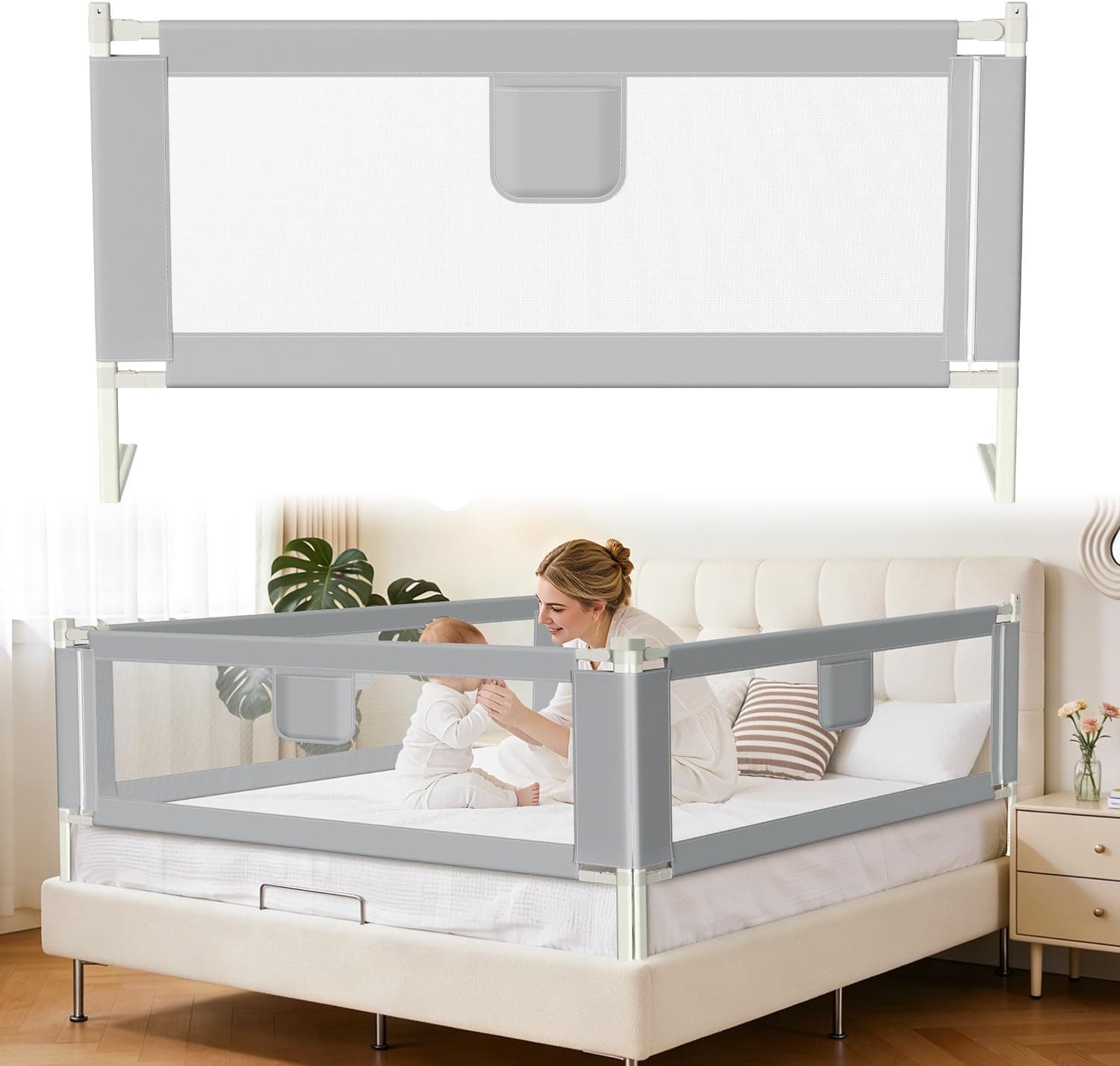 150CM Barrera Seguridad Niños Cama, Altura Regulable 64-96cm, Barrera Cama niños con protección contra caídas, Barandilla Cama niño Plegable, Fácil de Montar, Gris