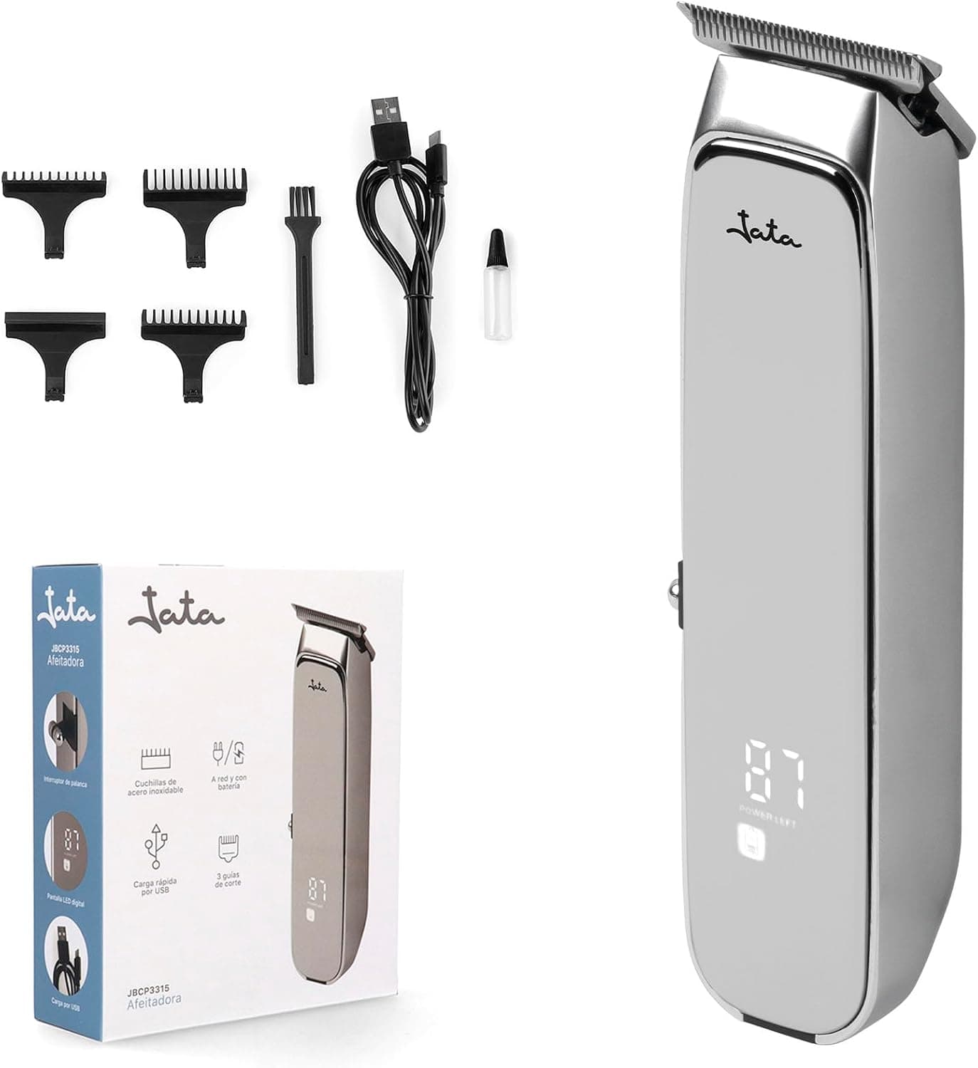JATA JBCP3315 - Máquina Cortar Pelo y Máquina de Afeitar Hombre con 3 guías de corte de 1-2-3 mm. Uso con y sin cable. Batería de litio. Incluye accesorios. Autonomía de 80 minutos