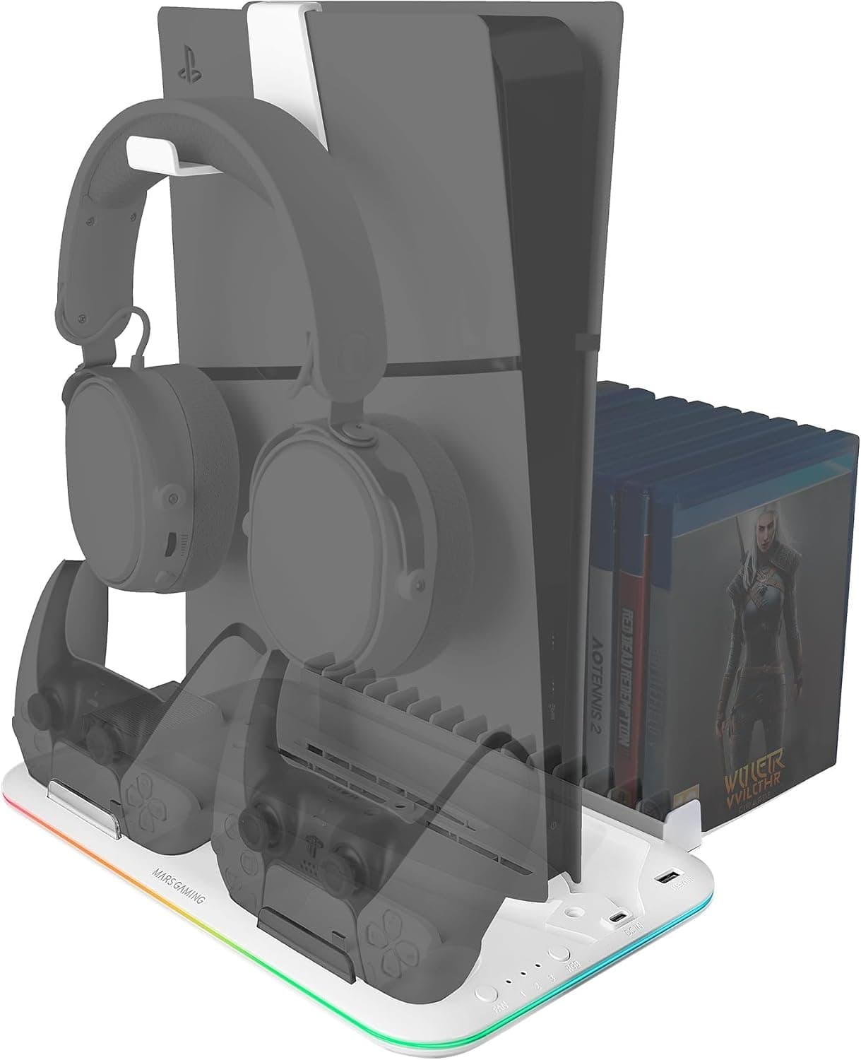 Mars Gaming MPS5-B2, Soporte RGB para PS5, 1x Ventilador, Cargador Doble de Mandos, Iluminación Neón RGB, Organizador Videojuegos + Soporte Auriculares, Blanco