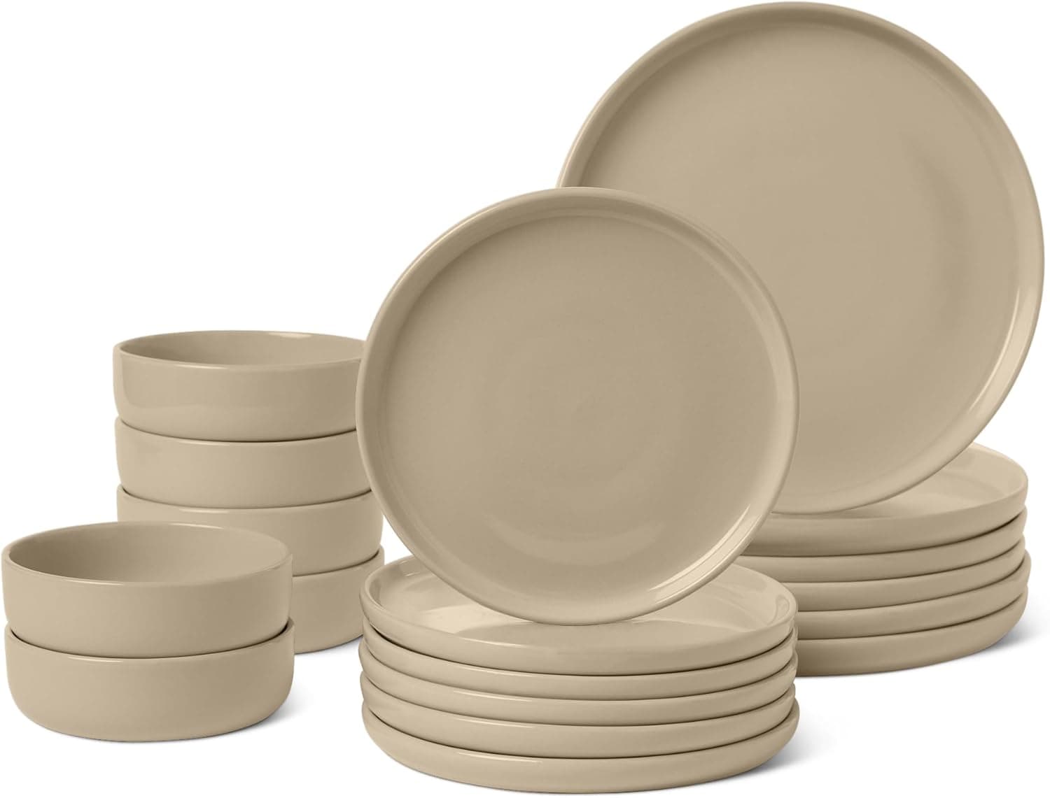 Amazon Basics Vajilla de Gres Esmaltado, Juego de 18 Piezas, 6 Servicios Completos, Apta para Lavavajillas, Gris Lino
