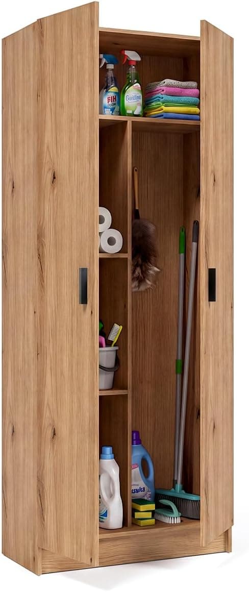 duehome | Armario Multiusos, Escobero, 2 Puertas, Modelo Multi Useful, Acabado en Color Roble Alpino, Medidas: 73 cm (Ancho) x180 cm (Alto) x 37 cm (Fondo)