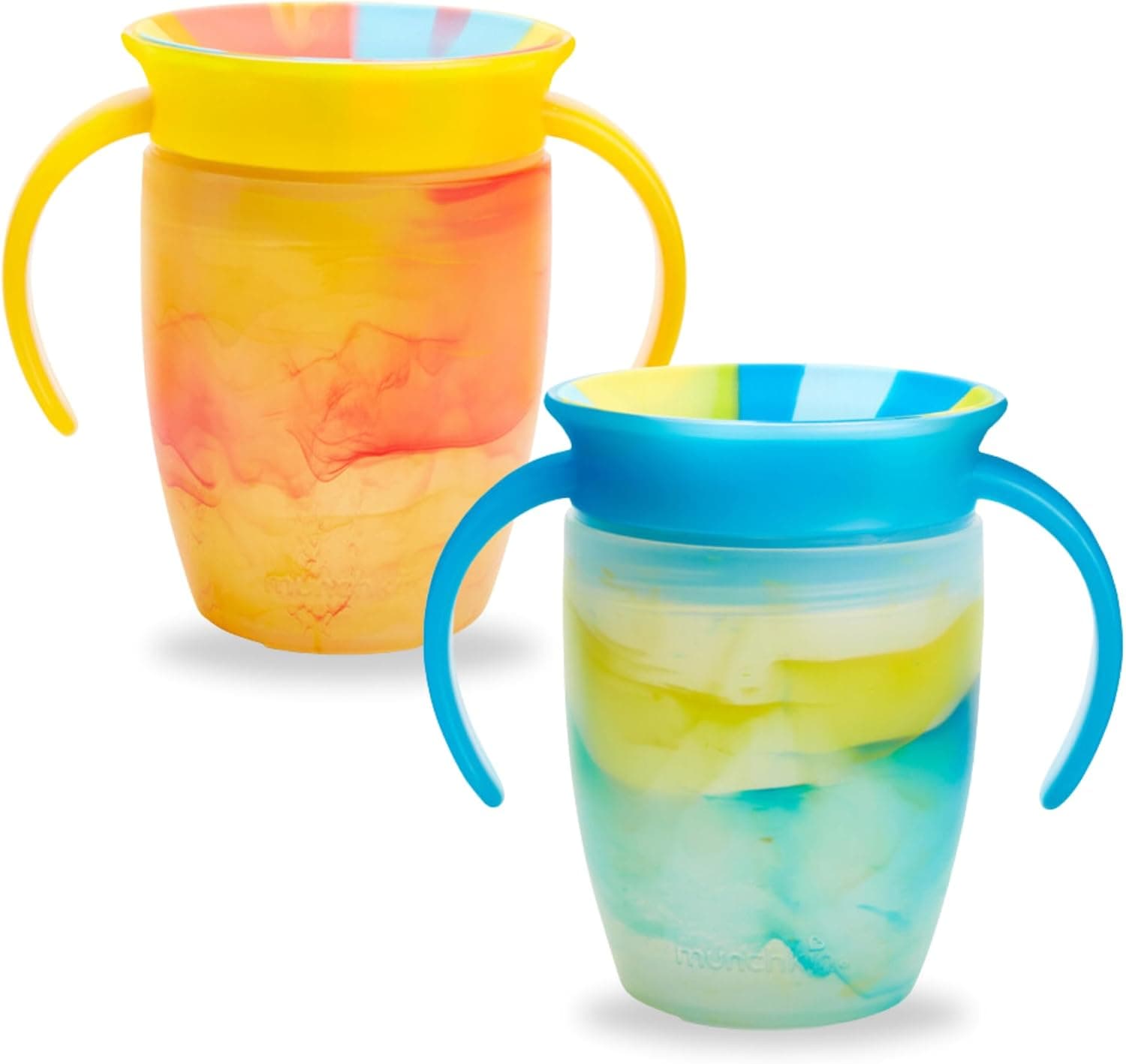 Munchkin Miracle 360 6+ Month 7oz Baby Sippy Cups (2-Pack). Free Flow Beaker for Toddlers. Trainer Cup, BPA-Free, Spill-Free, Dishwasher-Safe Baby Water Bottle with Easy-Grip Handles. (Blue/Yellow)