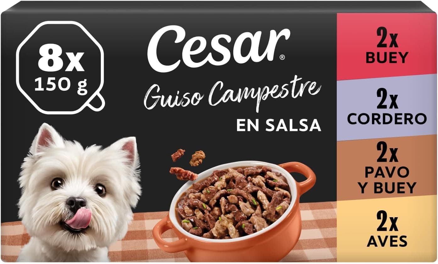 Cesar Country Stew, Bandeja para Perros Adultos de 150 g, Pack de 8 con trozos de Ternera, Cordero, Ave y Pavo con Ternera en Salsa (Pack de 3)