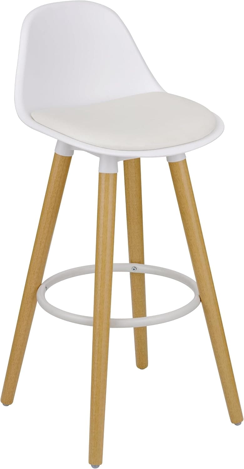 Baroni Home Taburete con Respaldo y cojín, reposapiés – Diseño Moderno, Taburetes Altos de PU y Madera de Acero para casa y Restaurante, 40x42x92 cm, Blanco, 1 Unidad